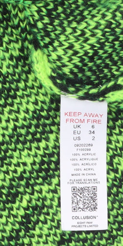 Collusion Women Green Black Zebra Knit Jumper UK 6 Acrylic High Neck