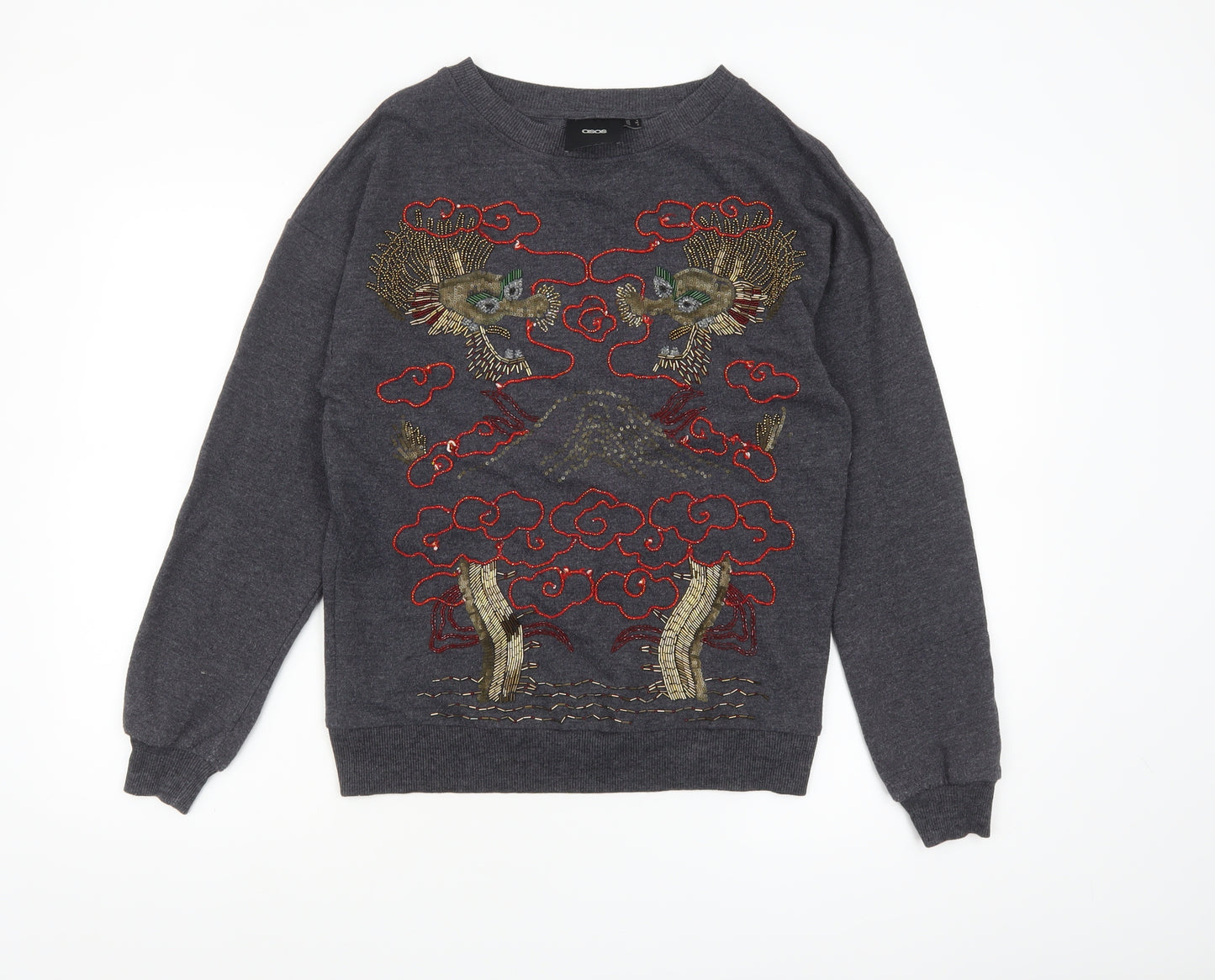 ASOS Women Grey Dragon Embroidered Pullover Sweatshirt Size 6