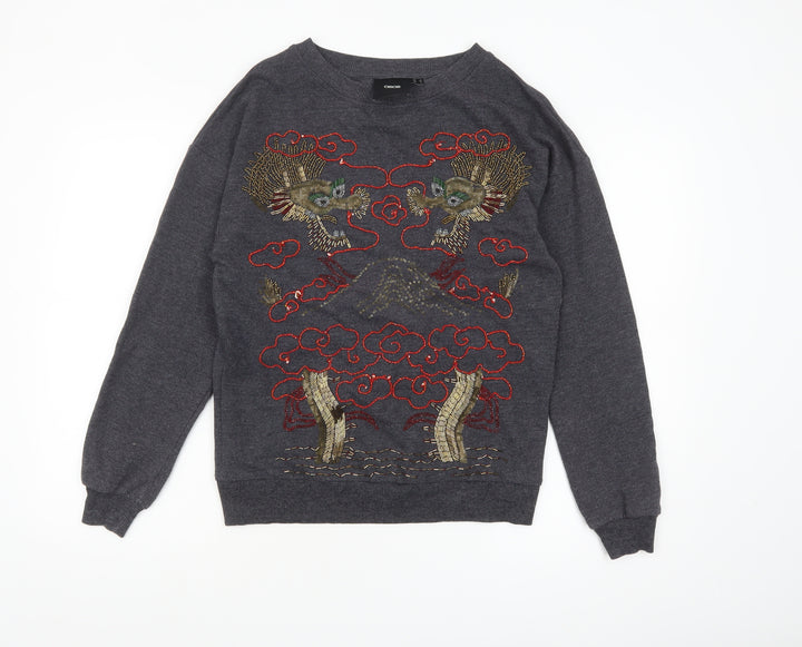 ASOS Women Grey Dragon Embroidered Pullover Sweatshirt Size 6