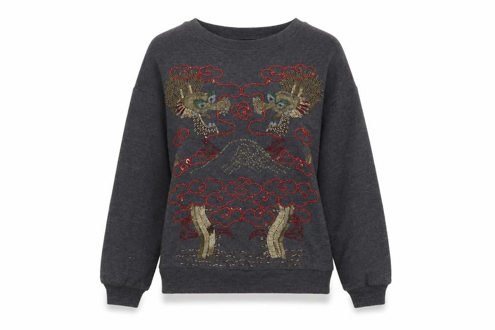Front view of ASOS Women Grey Dragon Embroidered Pullover Sweatshirt, size 6