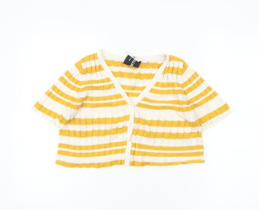 Collusion Women Yellow Striped V-Neck Short Sleeve Cardigan Size 12