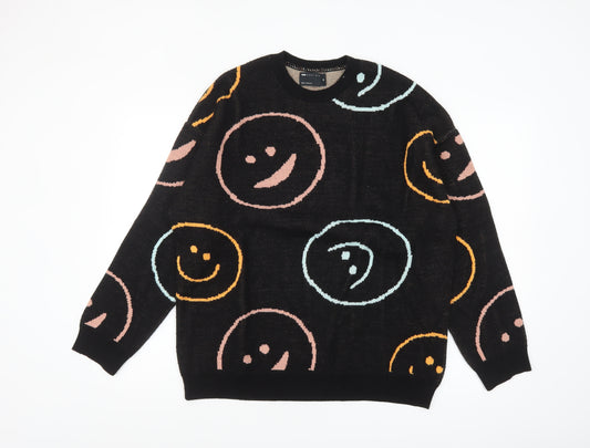 ASOS Men’s Black Graphic Smiley Knit Jumper XS Crew Neck Acrylic