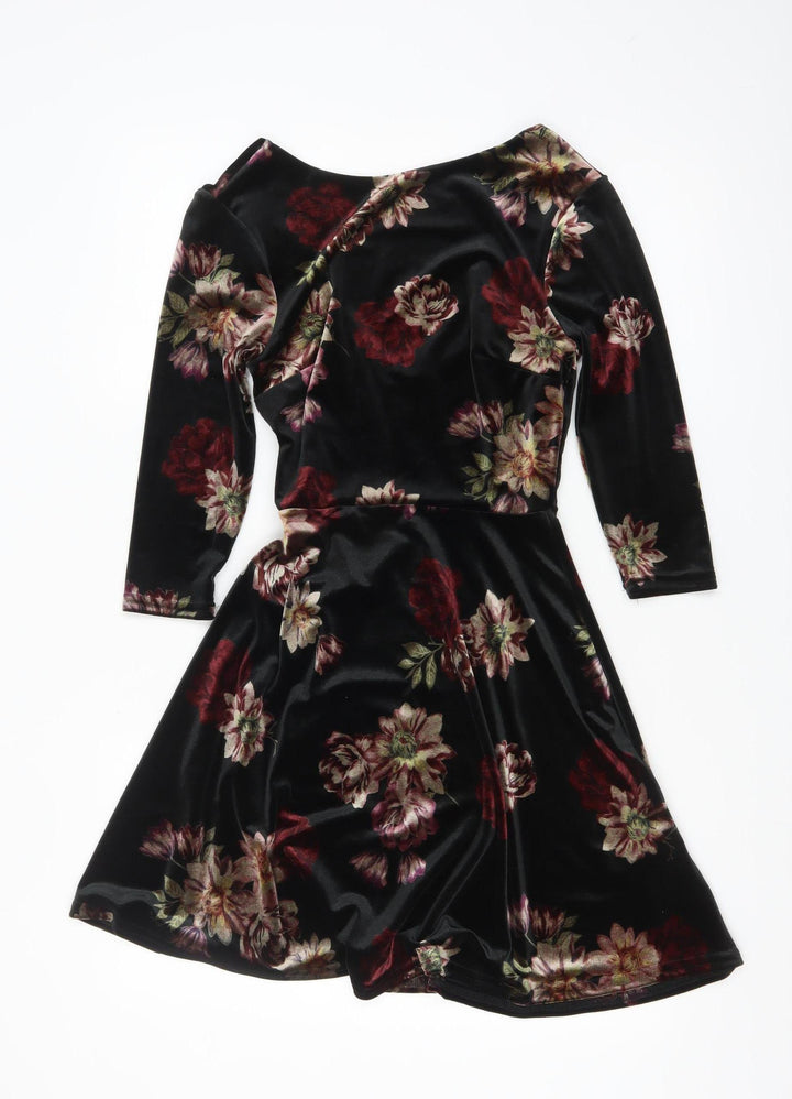 New Look Women’s Black Floral Velvet Fit & Flare Dress UK 6