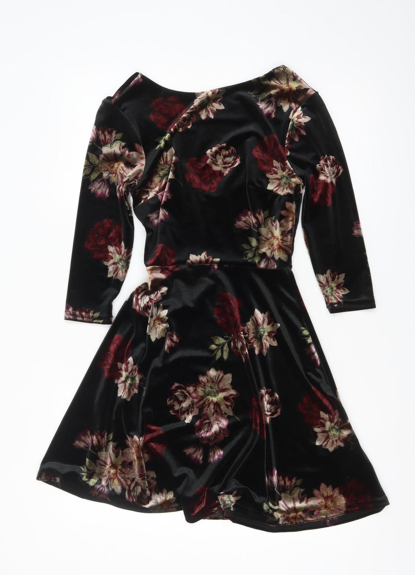 New Look Women’s Black Floral Velvet Fit & Flare Dress UK 6