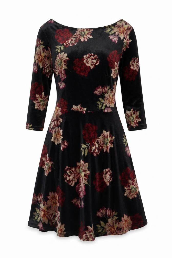 New Look Women’s Black Floral Velvet Fit & Flare Dress UK 6