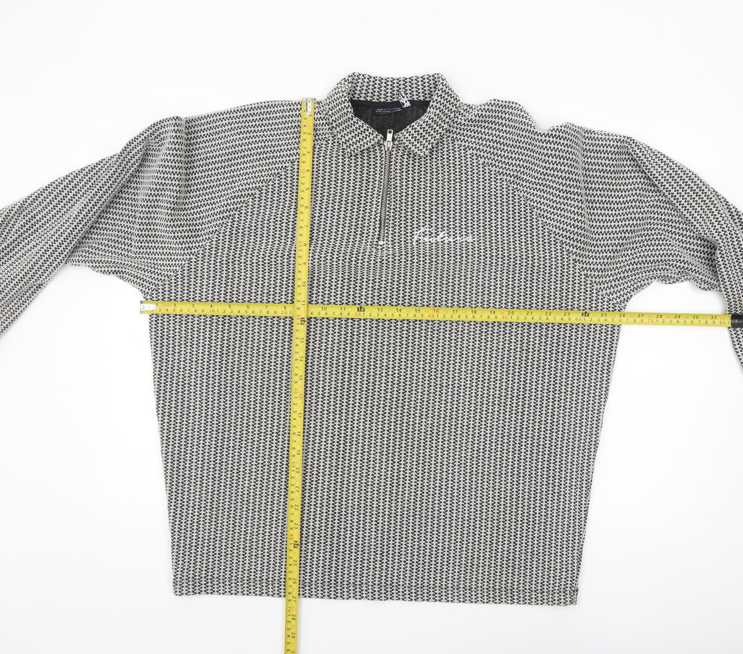 ASOS Design Men's Black Geometric Long Sleeve 1/4 Zip Polo M