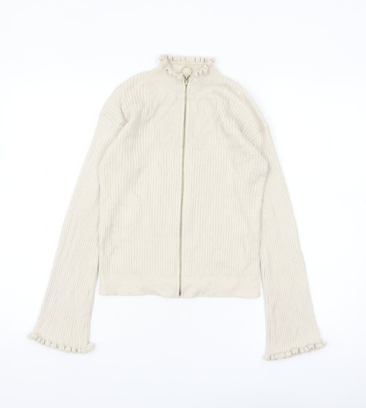 ASOS Women Beige Full Zip Ribbed Knit Jumper Size 8 High Neck