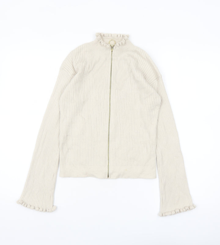 ASOS Women Beige Full Zip Ribbed Knit Jumper Size 8 High Neck
