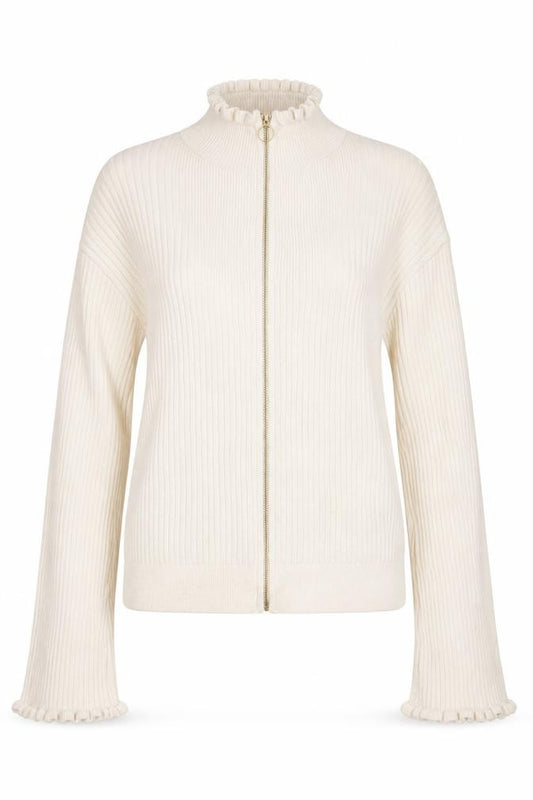 Front view of ASOS Women Beige Full Zip Ribbed Knit Jumper, size 8, High Neck