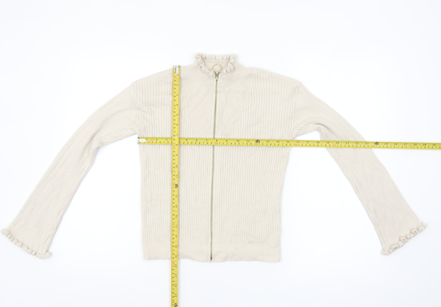 ASOS Women Beige Full Zip Ribbed Knit Jumper Size 8 High Neck