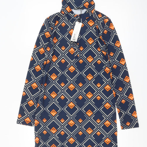 Zara Women Blue Geometric Shift Dress Size S Long Sleeve Retro Style