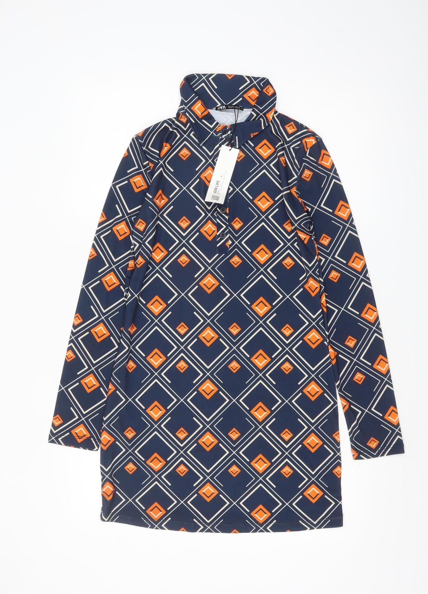 Zara Women Blue Geometric Shift Dress Size S Long Sleeve Retro Style