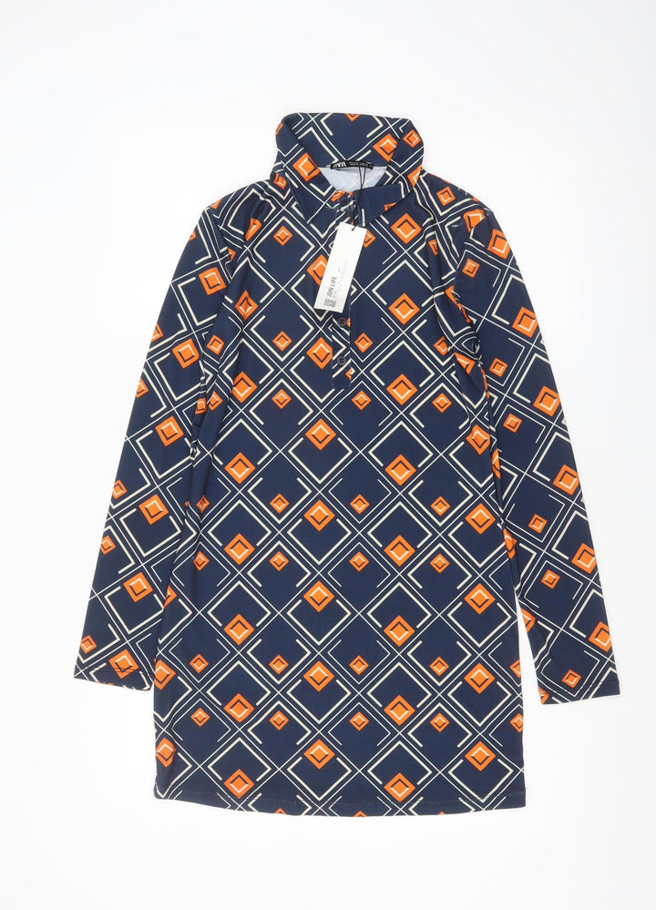 Zara Women Blue Geometric Shift Dress Size S Long Sleeve Retro Style