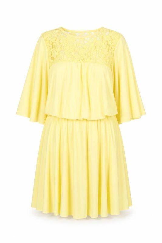 Front view of ASOS Women’s Yellow Lace Fit & Flare Dress, size UK 8, 3/4 Sleeve