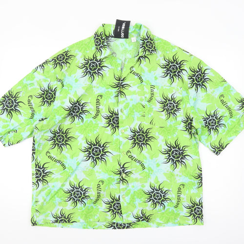 Collusion Men's Green Graphic Print Short Sleeve Button-Up Shirt Size M