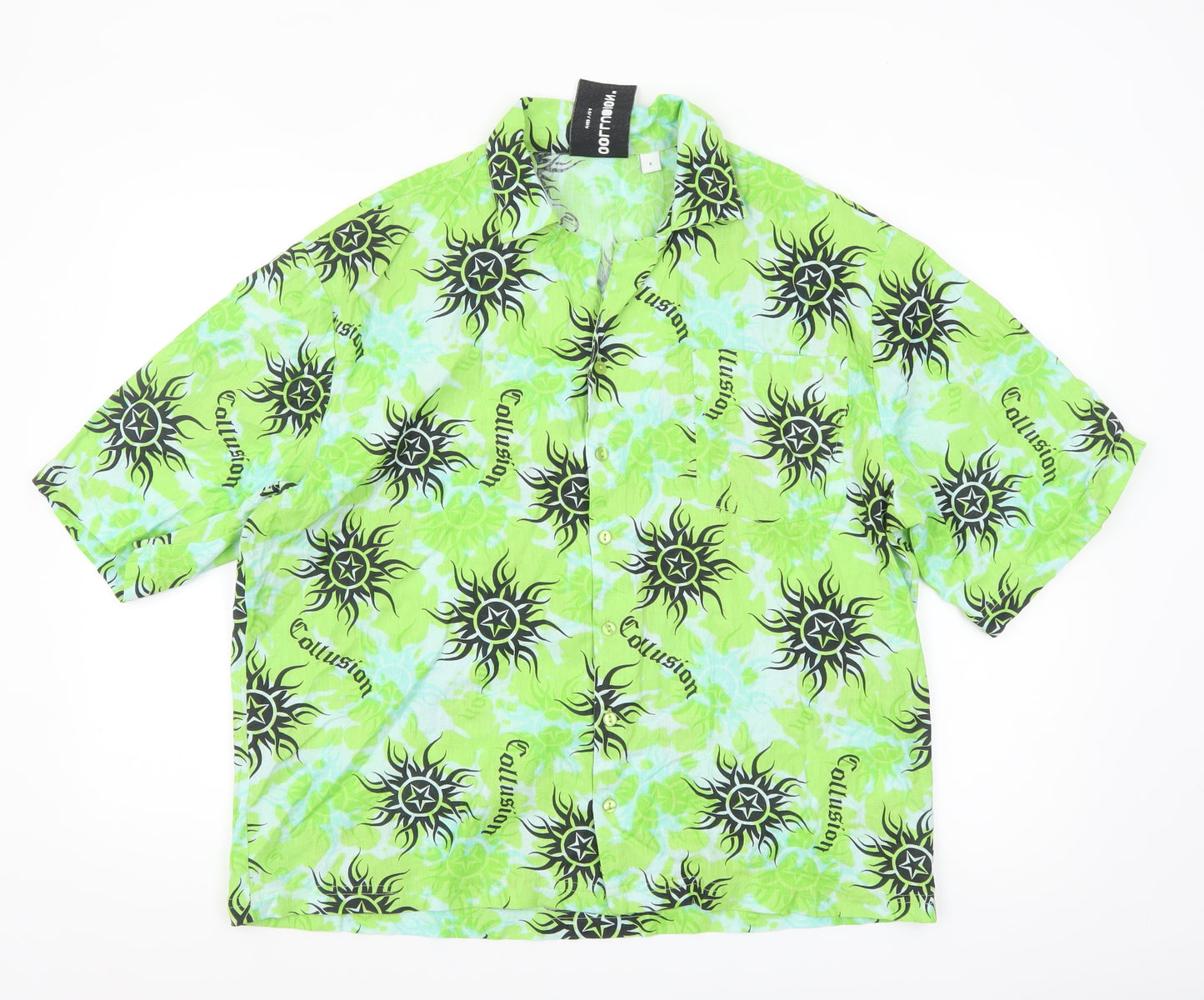 Collusion Men's Green Graphic Print Short Sleeve Button-Up Shirt Size M