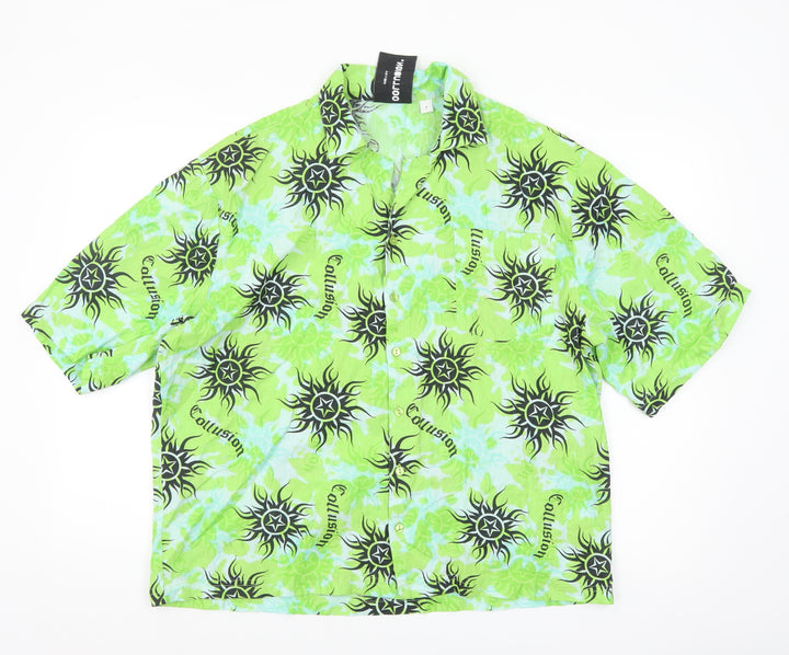 Collusion Men's Green Graphic Print Short Sleeve Button-Up Shirt Size M