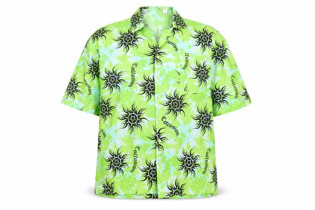 Front view of Collusion Men's Green Graphic Print Short Sleeve Button-Up Shirt, size M