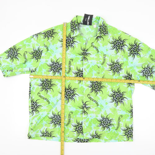 Collusion Men's Green Graphic Print Short Sleeve Button-Up Shirt Size M