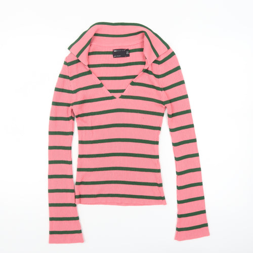ASOS Women Pink Striped V-Neck Long Sleeve Slim Fit Jumper Size 8