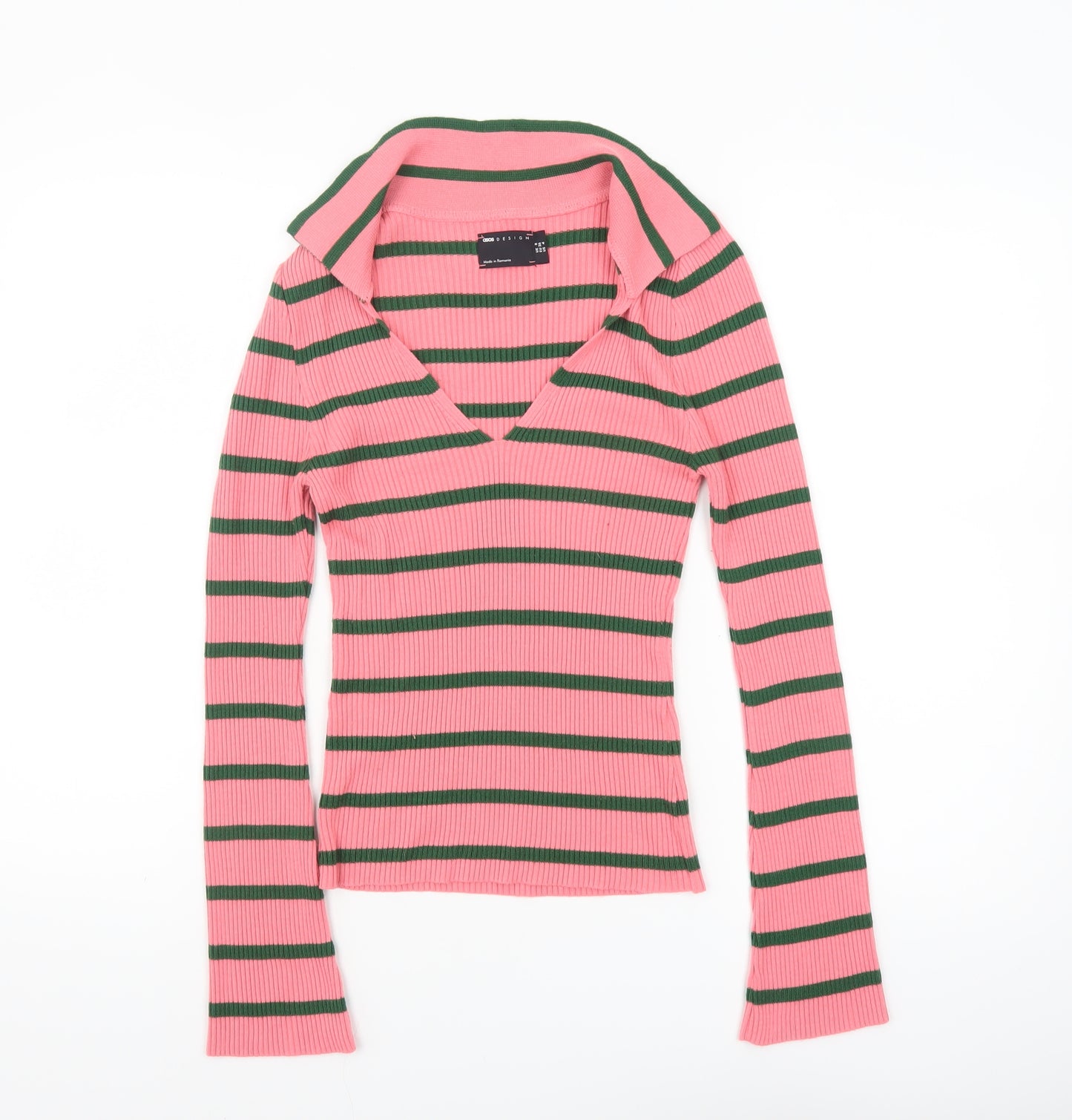 ASOS Women Pink Striped V-Neck Long Sleeve Slim Fit Jumper Size 8