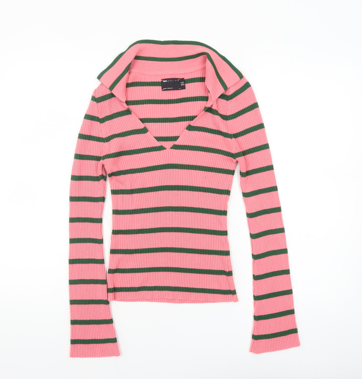 ASOS Women Pink Striped V-Neck Long Sleeve Slim Fit Jumper Size 8
