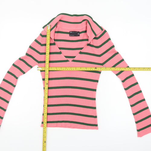 ASOS Women Pink Striped V-Neck Long Sleeve Slim Fit Jumper Size 8