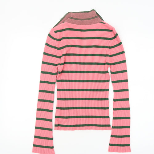 ASOS Women Pink Striped V-Neck Long Sleeve Slim Fit Jumper Size 8