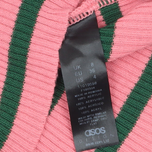 ASOS Women Pink Striped V-Neck Long Sleeve Slim Fit Jumper Size 8