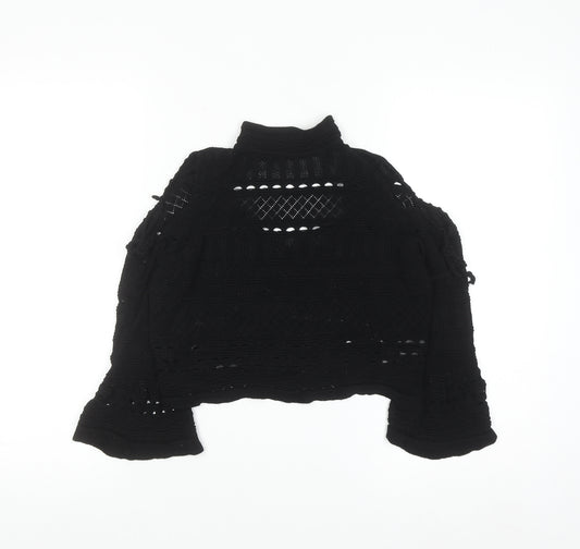Topshop Women Black Crochet Cropped High Neck Blouse Size 10