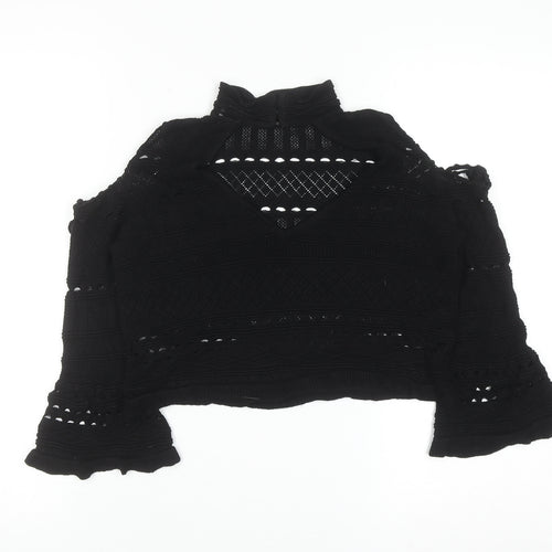 Topshop Women Black Crochet Cropped High Neck Blouse Size 10