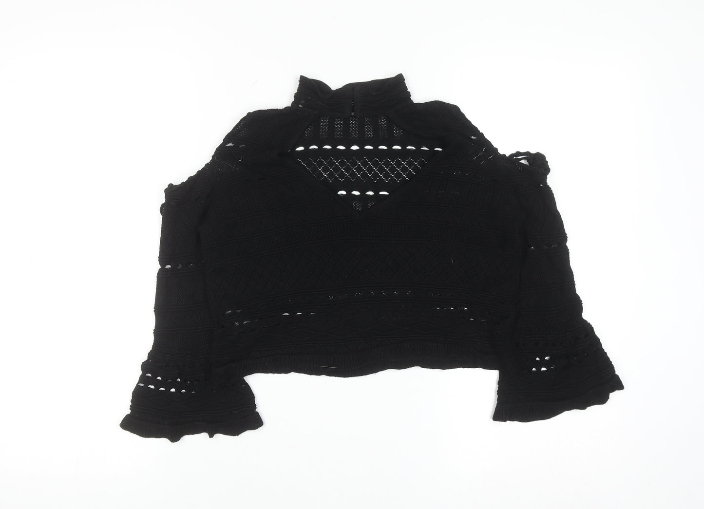 Topshop Women Black Crochet Cropped High Neck Blouse Size 10