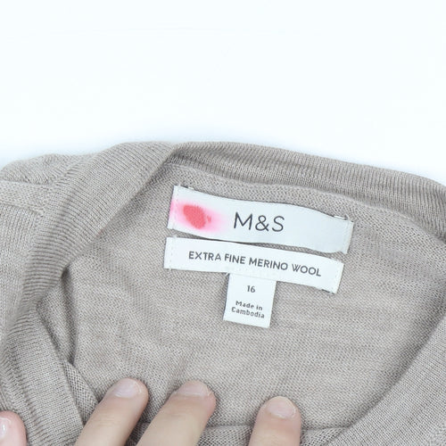 Marks and Spencer Women Beige Merino Wool Crew Neck Jumper Size 16