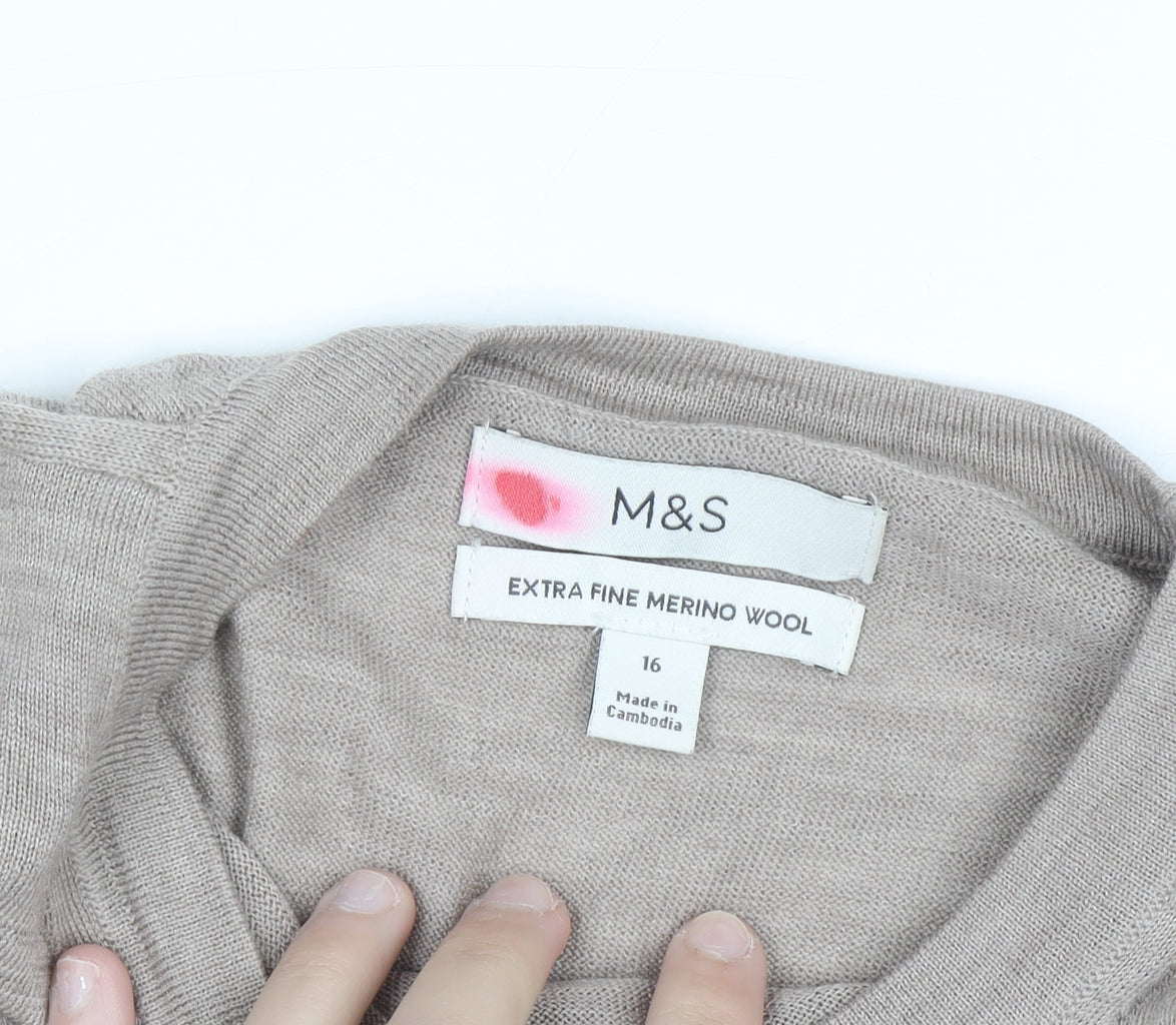 Marks and Spencer Women Beige Merino Wool Crew Neck Jumper Size 16