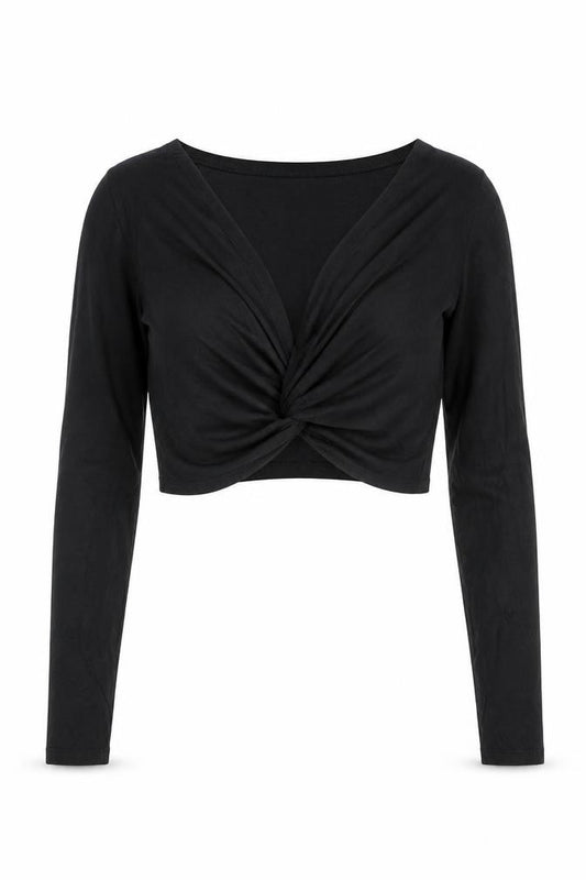 Front view of Night Addict Women’s Black Cropped V-Neck Long Sleeve T-Shirt M