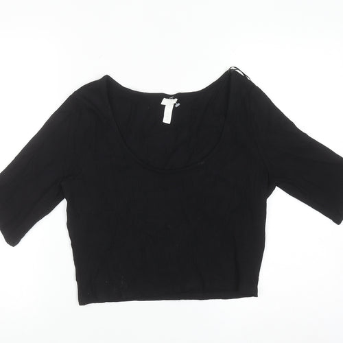 H&M Womens Black Cropped 3/4 Sleeve Scoop Neck Jersey Top Size L