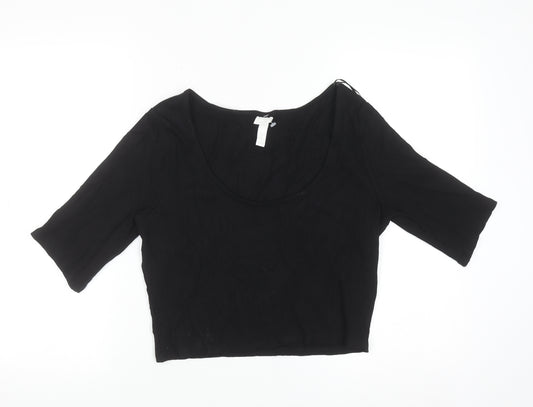 H&M Womens Black Cropped 3/4 Sleeve Scoop Neck Jersey Top Size L