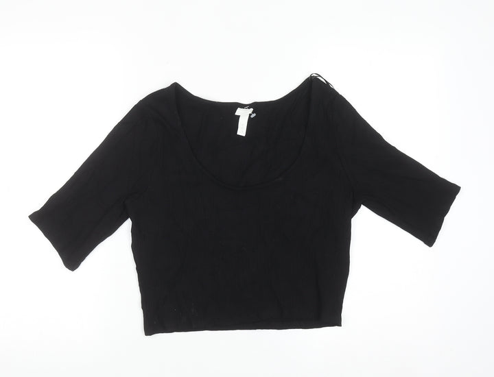 H&M Womens Black Cropped 3/4 Sleeve Scoop Neck Jersey Top Size L