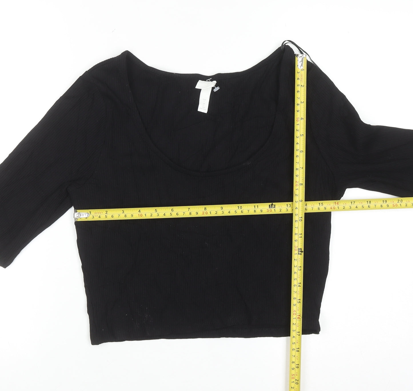 H&M Womens Black Cropped 3/4 Sleeve Scoop Neck Jersey Top Size L