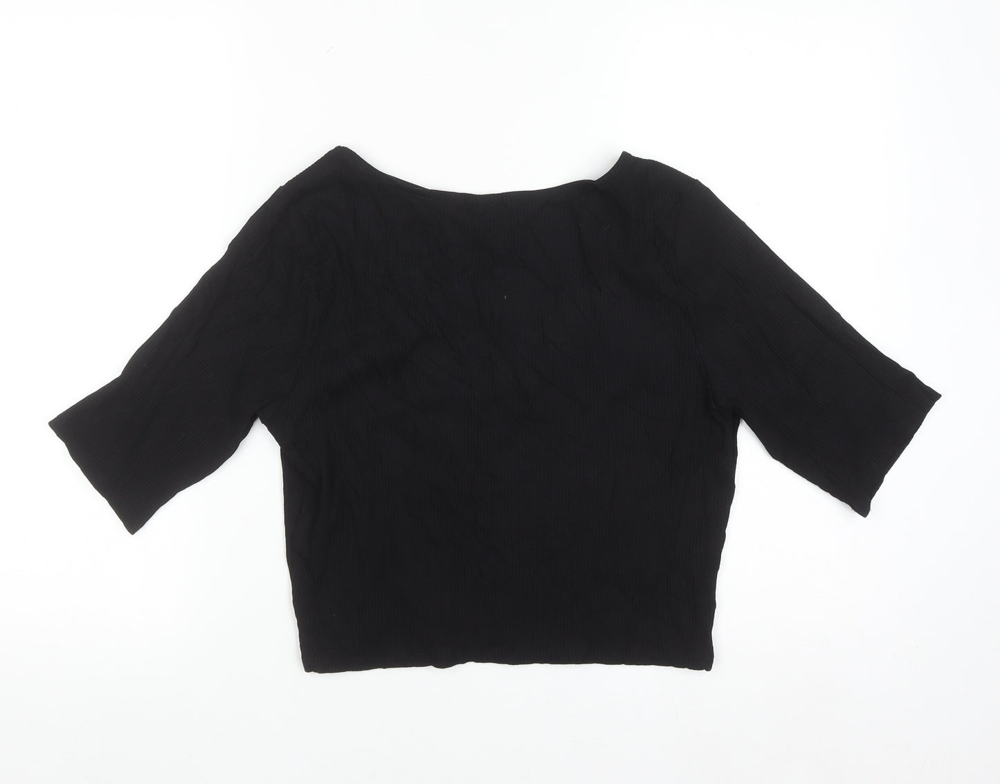 H&M Womens Black Cropped 3/4 Sleeve Scoop Neck Jersey Top Size L