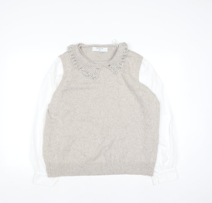 Primark Women Beige Jewel Collar Knit Jumper XL