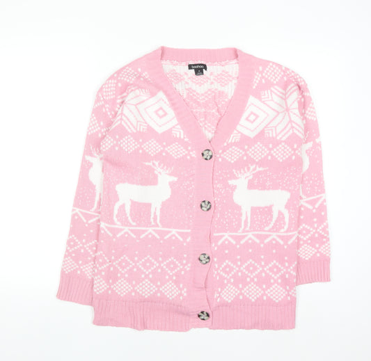 Boohoo Women’s Pink Fair Isle Reindeer Knit Cardigan Size M