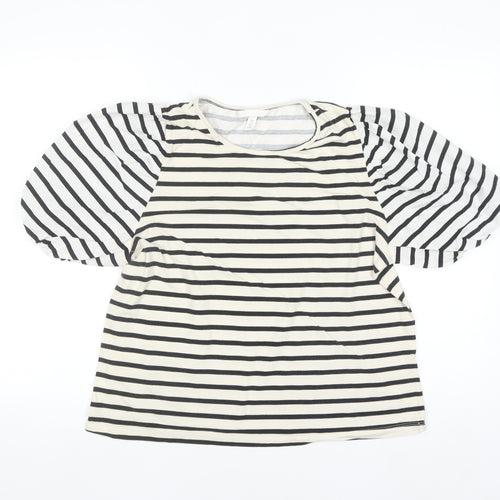 H&M Women Black Striped Puff Sleeve Jersey T-Shirt Size 16