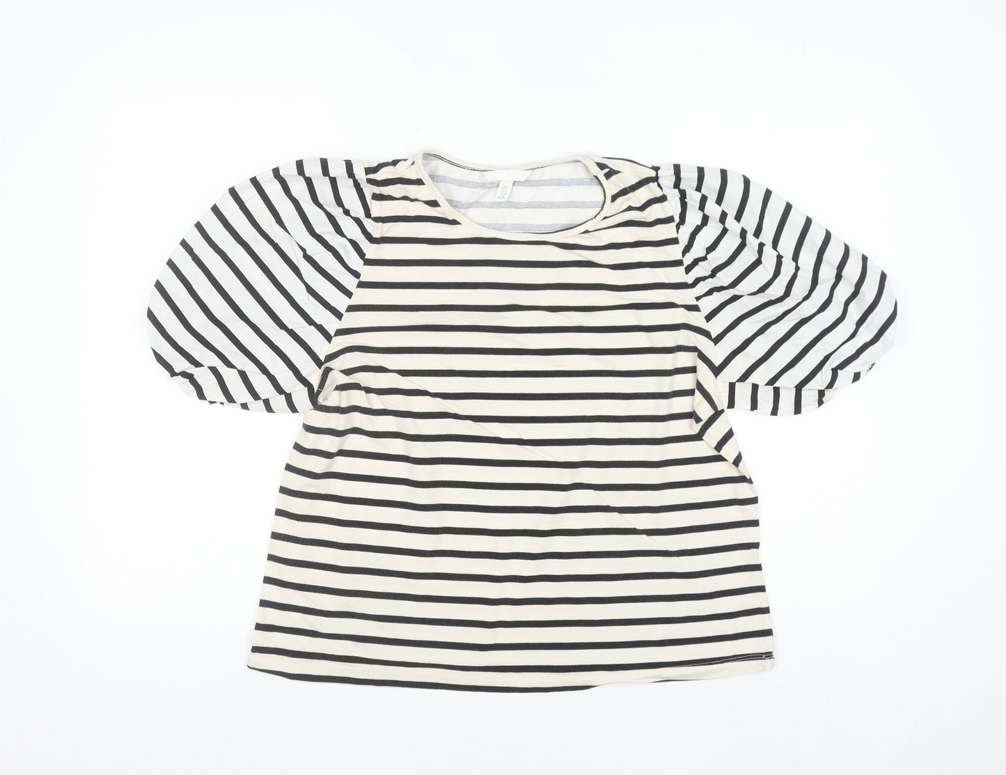 H&M Women Black Striped Puff Sleeve Jersey T-Shirt Size 16