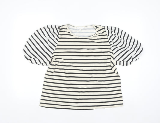 H&M Women Black Striped Puff Sleeve Jersey T-Shirt Size 16
