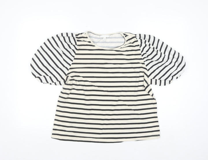 H&M Women Black Striped Puff Sleeve Jersey T-Shirt Size 16