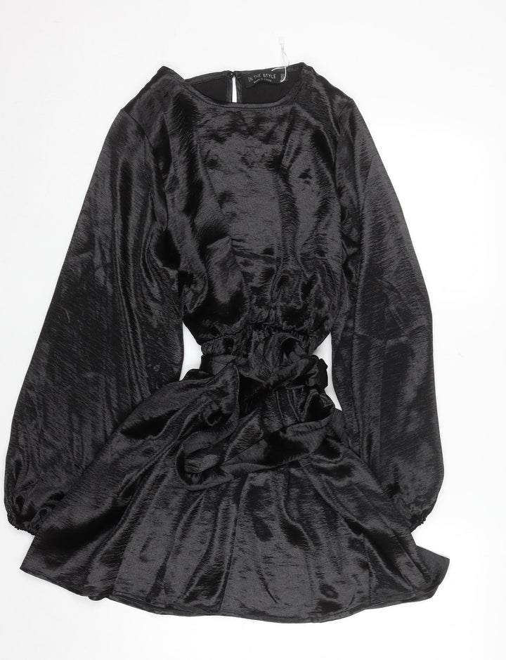 In The Style Women’s Black Long Sleeve Mini Satin Dress Size 12