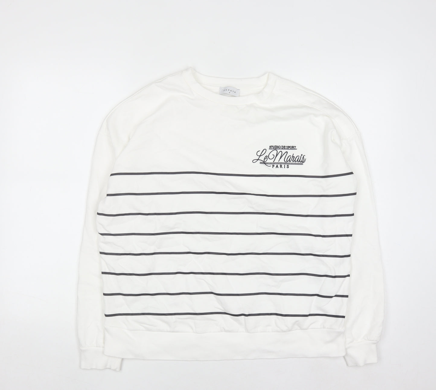 Papaya Womens White Striped Crew Neck Pullover Sweatshirt M