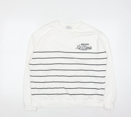 Papaya Womens White Striped Crew Neck Pullover Sweatshirt M