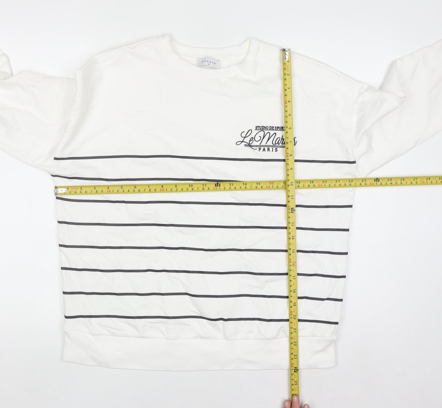 Papaya Womens White Striped Crew Neck Pullover Sweatshirt M